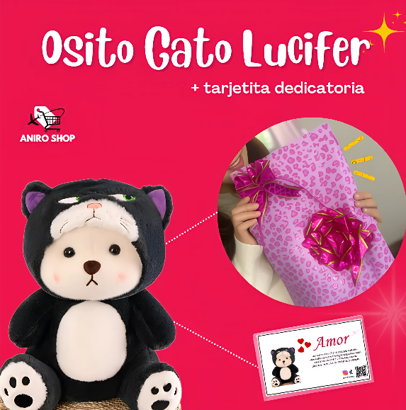 OSITO DISFRAZADO DE GATO LUCIFER  + TARJETA DEDICATORIA 🐱✨